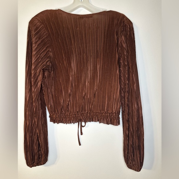 Zara Plisse Ribbed Brown Midrift Crop Long Sleeve Deep V Women’s Small - Picture 3 of 4